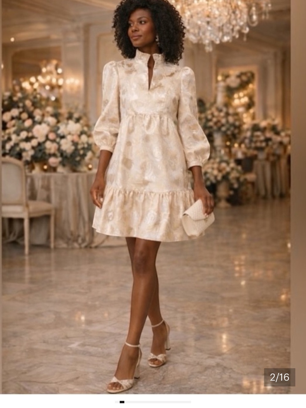 Tuckernuck Cream Metallic Brocade Puff-Sleeve Mini Dress with Ruffle Hem